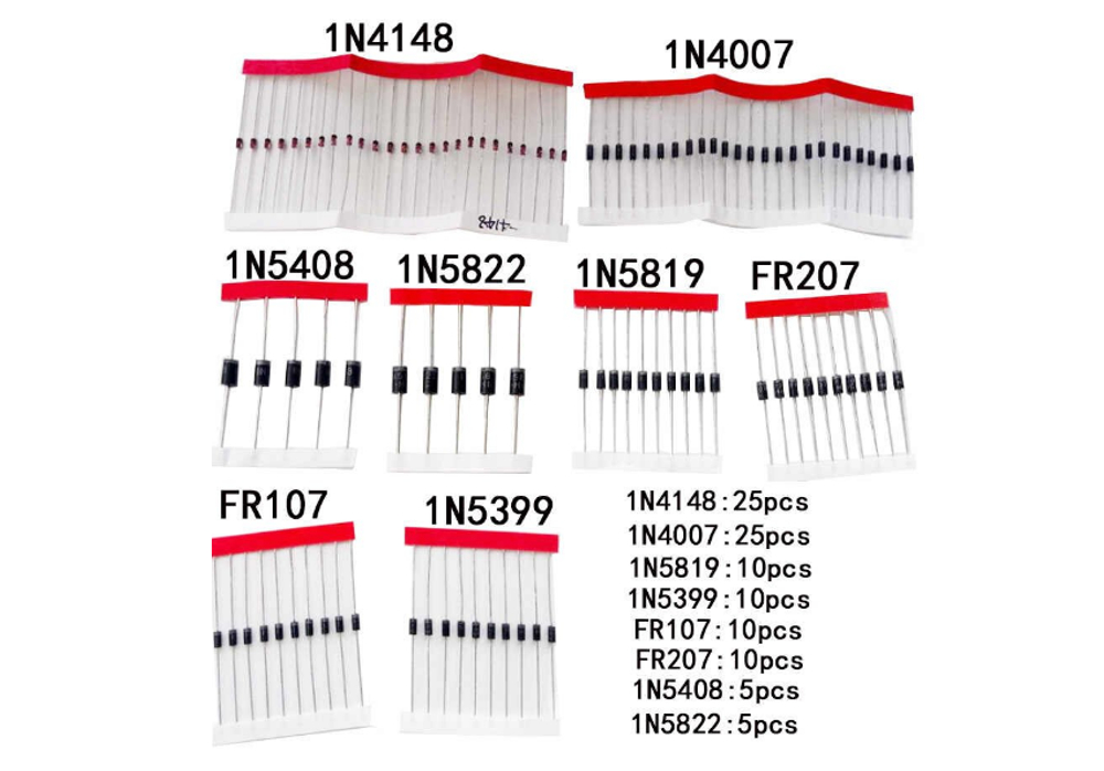 Набор диодов Schottky 1N4148/1N4007/1N5819/1N5399/1N5408/1N5822/FR107/FR207,8 видов = 100 шт
