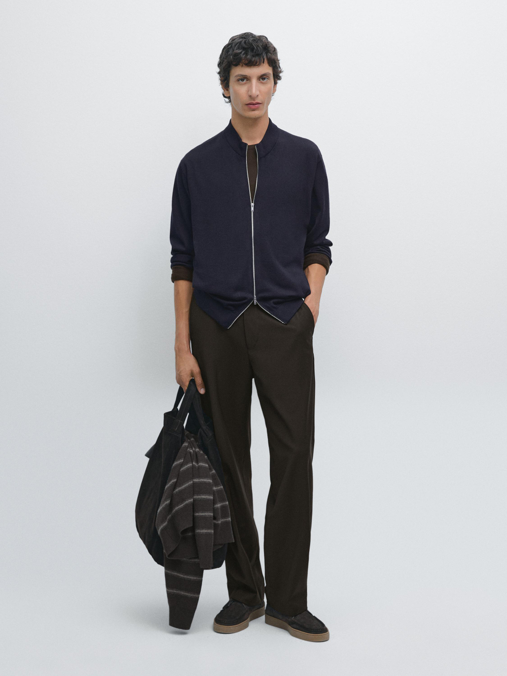 Massimo Dutti Вязаный кардиган из мериносовой шерсти на молнии, темно-синий