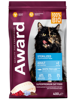 Сухой корм AWARD Sterilized для взрослых стерилизованных кошек с белой рыбой с добавлением семян льна, клюквы и цикория