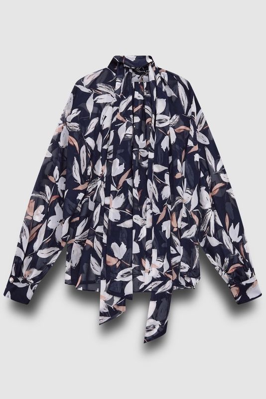 Блузка из шифона, цветочный принт, синий
