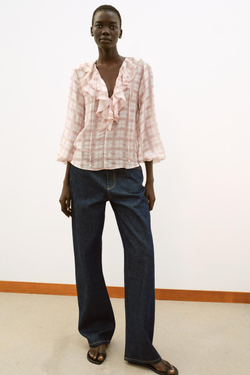 ZARA БЛУЗА В КЛЕТКУ С ВОЛАНАМИ, ОТТЕНКИ РОЗОВОГО