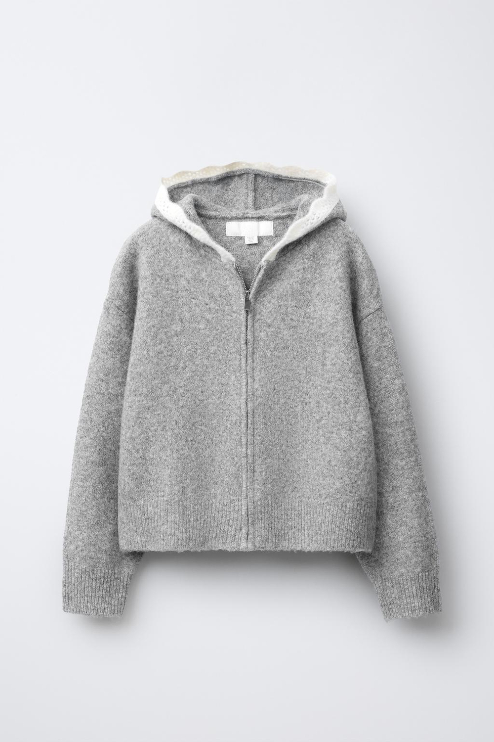 ZARA ВЯЗАНАЯ КУРТКА С КАПЮШОНОМ И КРУЖЕВНОЙ ОТДЕЛКОЙ, МЯГКИЙ СЕРЫЙ