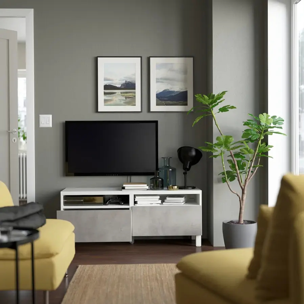Тумба под ТВ с ящиками - IKEA BESTÅ/BESTA/БЕСТО ИКЕА, 42х48х120 см, белый/серый