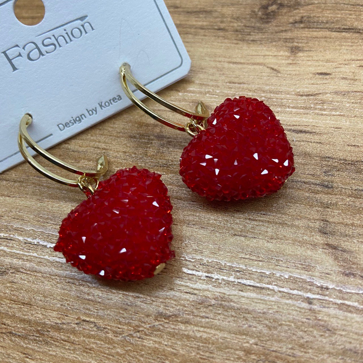 Серьги-гвоздики полуовал 2 линии подвеска Красное сердце металл золотистый