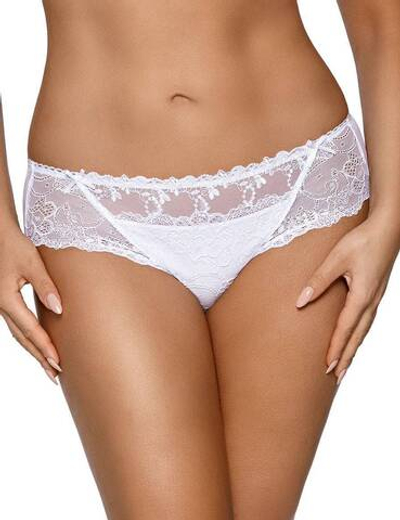 Трусы-бразилиана из кружевного полотна и сетки с вышивкой (Размер: S) (Цвет: белый)