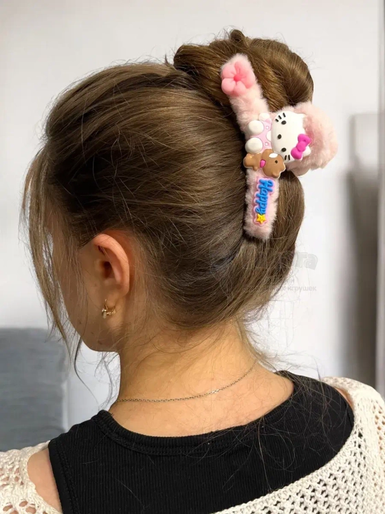 Заколка крабик краб для волос пушистый плюшевый Hello Kitty
