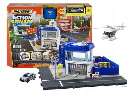 Игрушечный трек Matchbox Action Drivers - Игровой набор Полицейский участок со светом, звуком, вертолетом и автомобилем HHW22