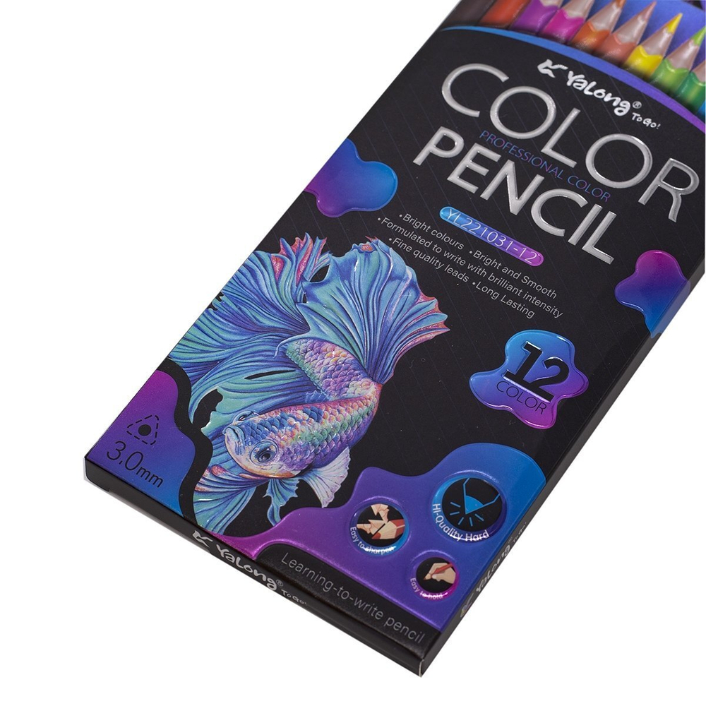 Карандаши цветные Yalong 12 цв., "Неоновые животные" (птицы,рыба,черепаха) деревянные, трехгранные, заточенные, грифель 3.0, картон. уп., европодвес