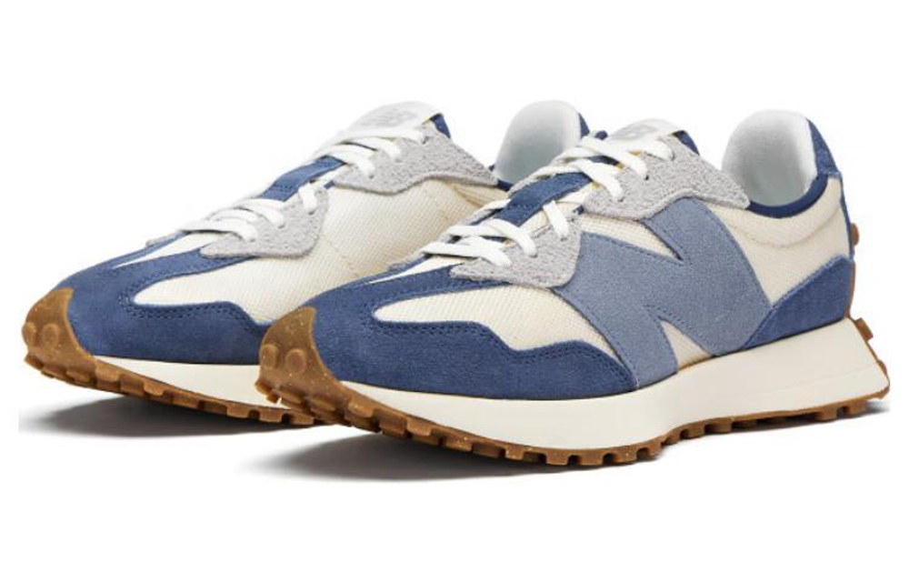 New Balance NB 327 retro stitching letter fabric leather non-slip wear-resistant low-cut casual running shoes for men and women the same dark blue