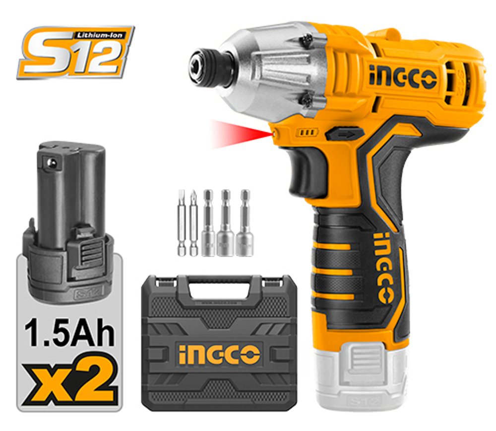 Аккумуляторный ударный шуруповерт 12В, комп: кейс, 2 акб, з/у