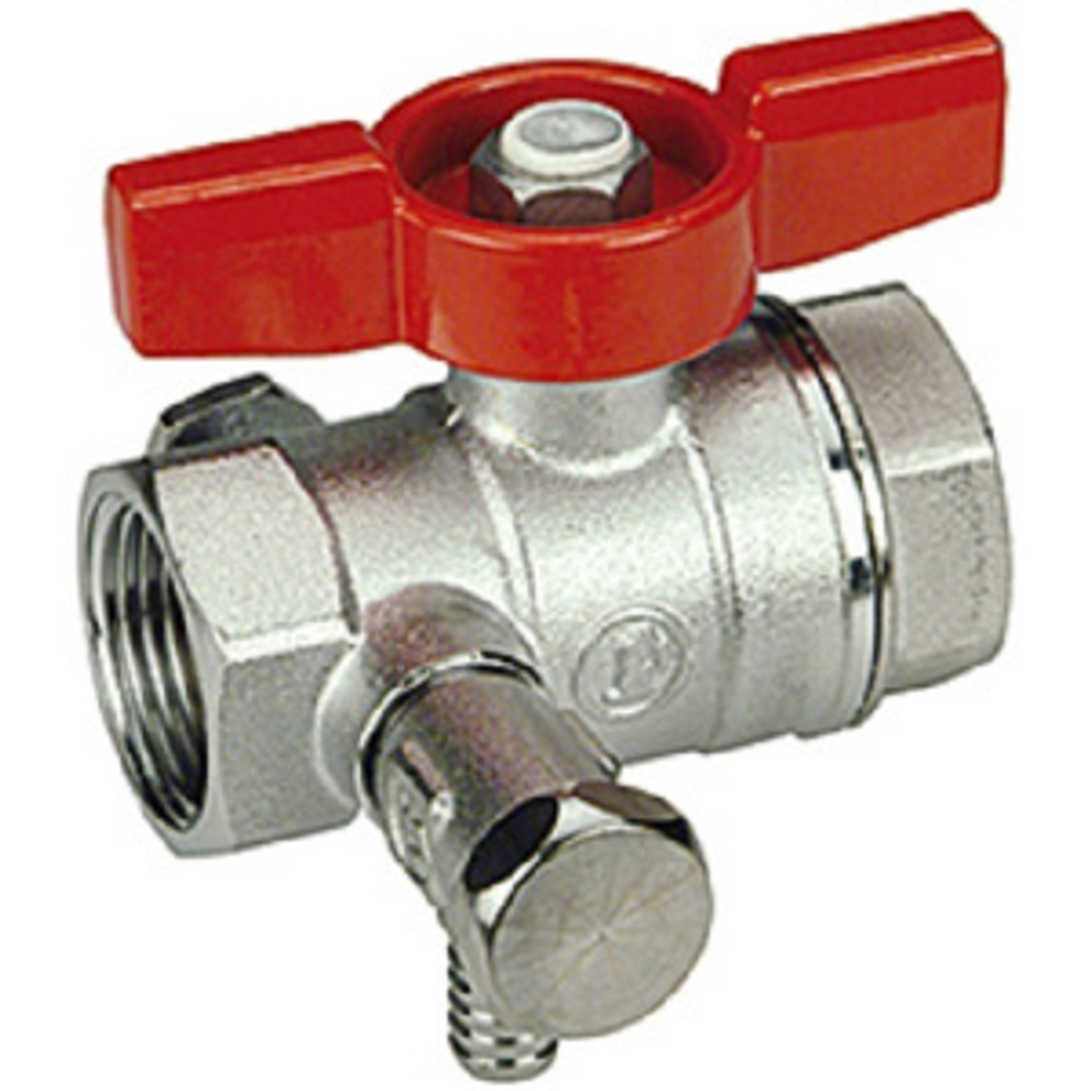 Кран шаровой со сливом, стандартный проход, 3/4”, сливной кран 1/4”, ручка-Бабочка, красная, ВР-ВР,