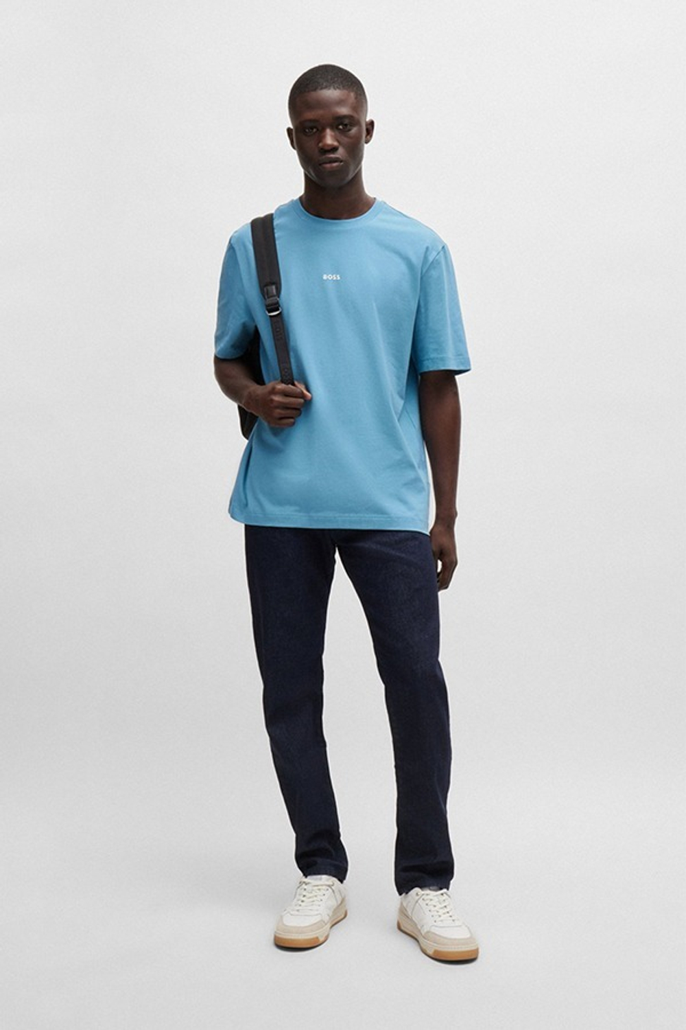 Blue t shirt and black jeans hot sale