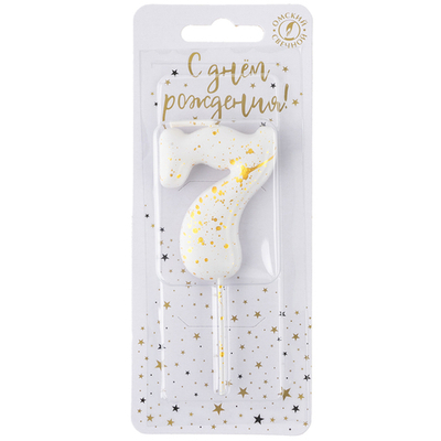 Свеча Цифра, 7 Золотые брызги, на шпажке, Белый, Металлик, 4,3 + 5,2 см, 1 шт. с держат.,