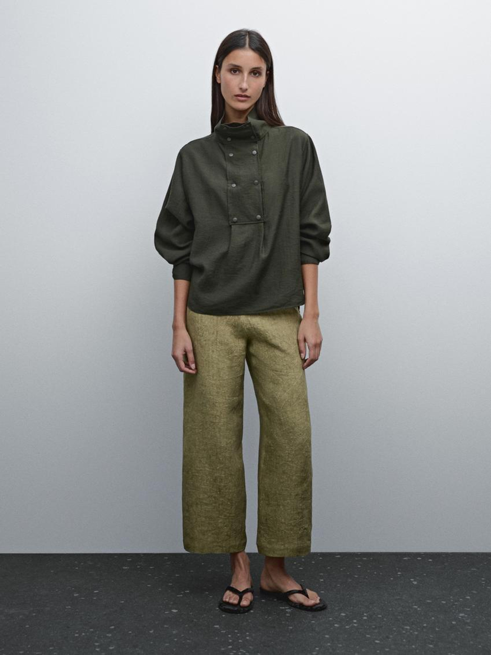 Massimo Dutti Струящиеся брюки из 100% льна, оливковый