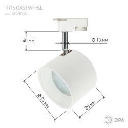 Трековый светильник однофазный ЭРА TR15 GX53 WH/SL под лампу GX53 белый/серебро | Однофазные светильники под лампу