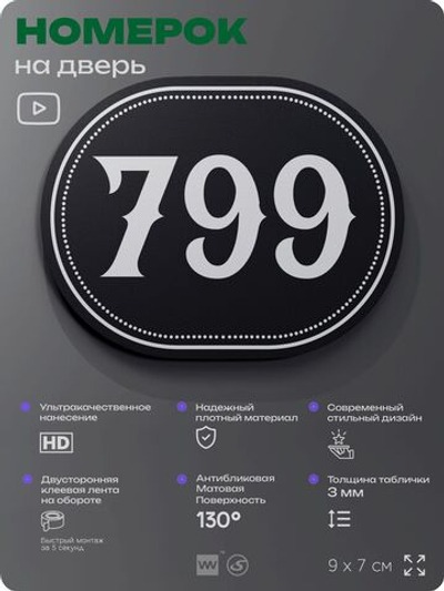 Номерок на дверь квартиры 799, для кабинета, офиса, шильдик 9 х 7 см, черный, Айдентика Технолоджи