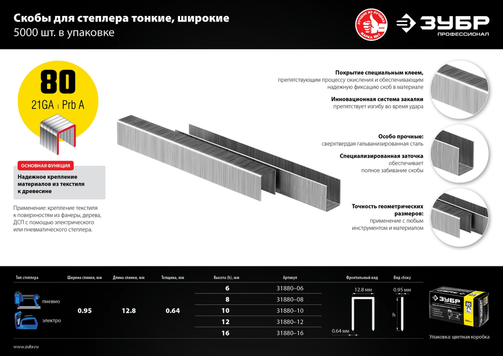 ЗУБР скобы тип 80 (BeA/Prebena A/Senco AT), 6 мм, калибр 21GA. 5000 шт. Профессионал (31880-06)
