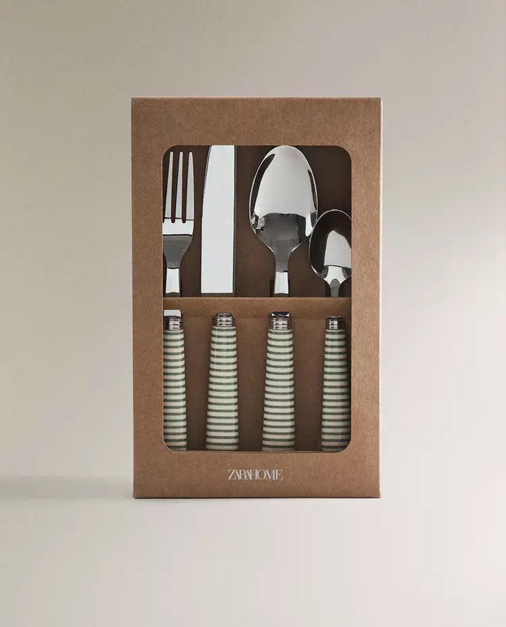 ZARA HOME НАБОР СТОЛОВЫХ ПРИБОРОВ ИЗ 4 ПРЕДМЕТОВ С РУЧКОЙ В ПОЛОСКУ, ЗЕЛЕНЫЙ