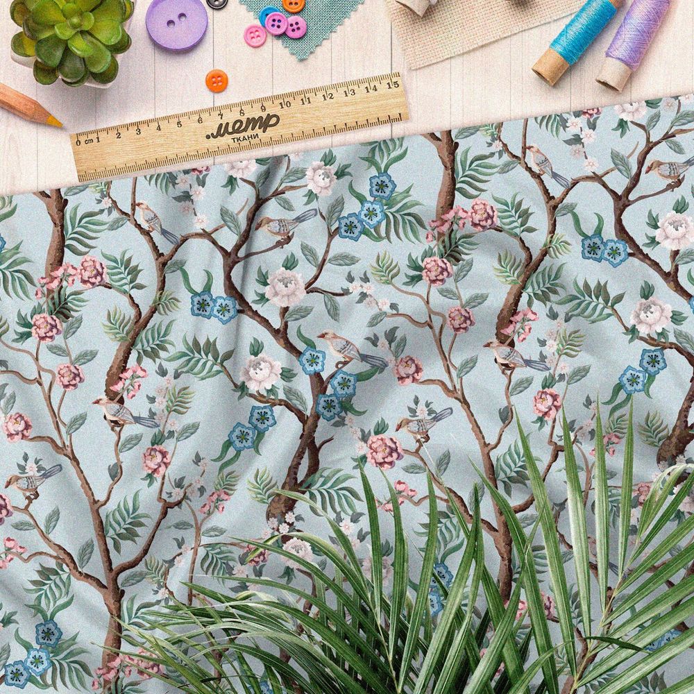 Ткань таффета весенние нежные ветви цветов
