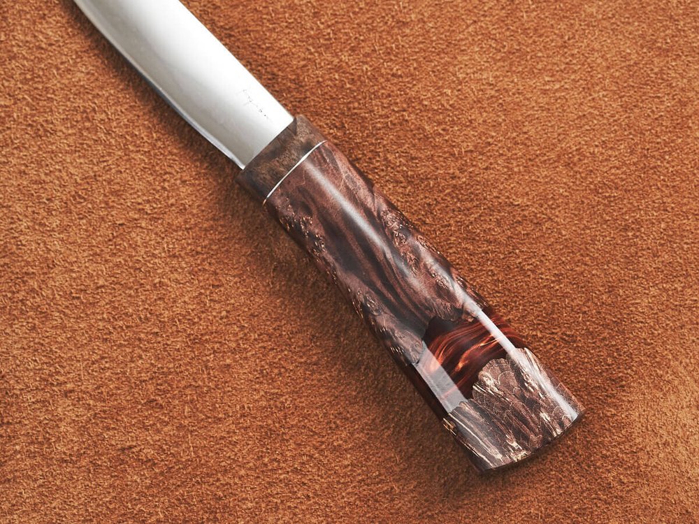 Якутский нож "Амга", сталь Х12МФ, рукоять коричневая стабилизированная карельская береза / акрил агат