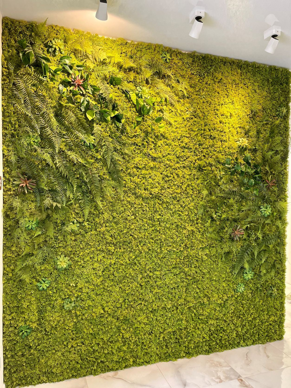 Зеленая стена из искусственных растений и мха в медицинском центре г.Краснодар