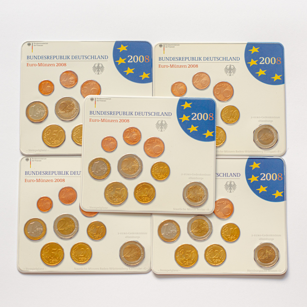Germany 2008 Year Set (A, D, F, G, J) + 5 x 2 Euro: "St. Michaelis' Church (Hamburg)"