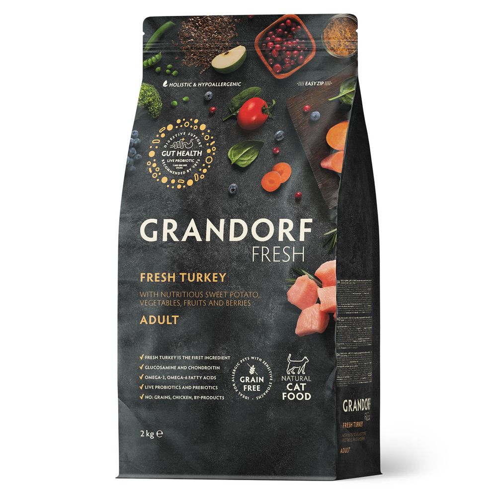 Беззерновой корм с живыми пробиотиками GRANDORF Fresh Cat ADULT Turkey&amp;Sweet Potato Свежее мясо индейки с бататом для кошек 2 кг