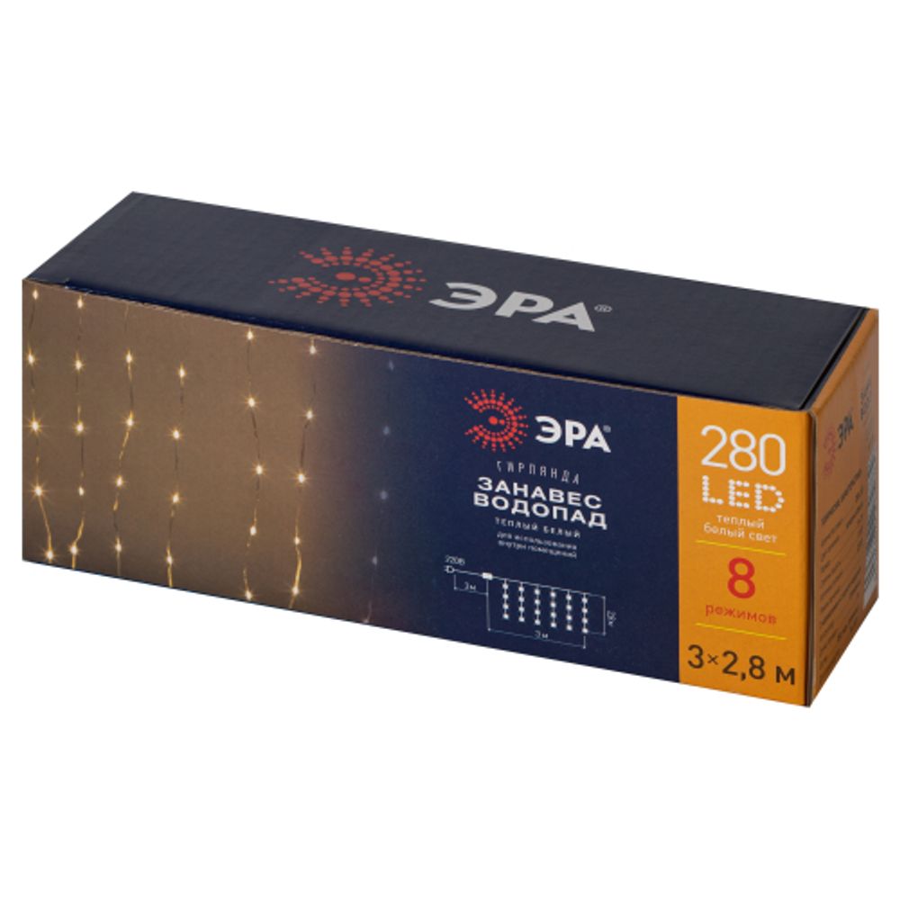 Светодиодная новогодняя гирлянда ЭРА ENIN-300WL гирлянда занавес водопад теплый белый 3*2,8 м 280 LED IP20