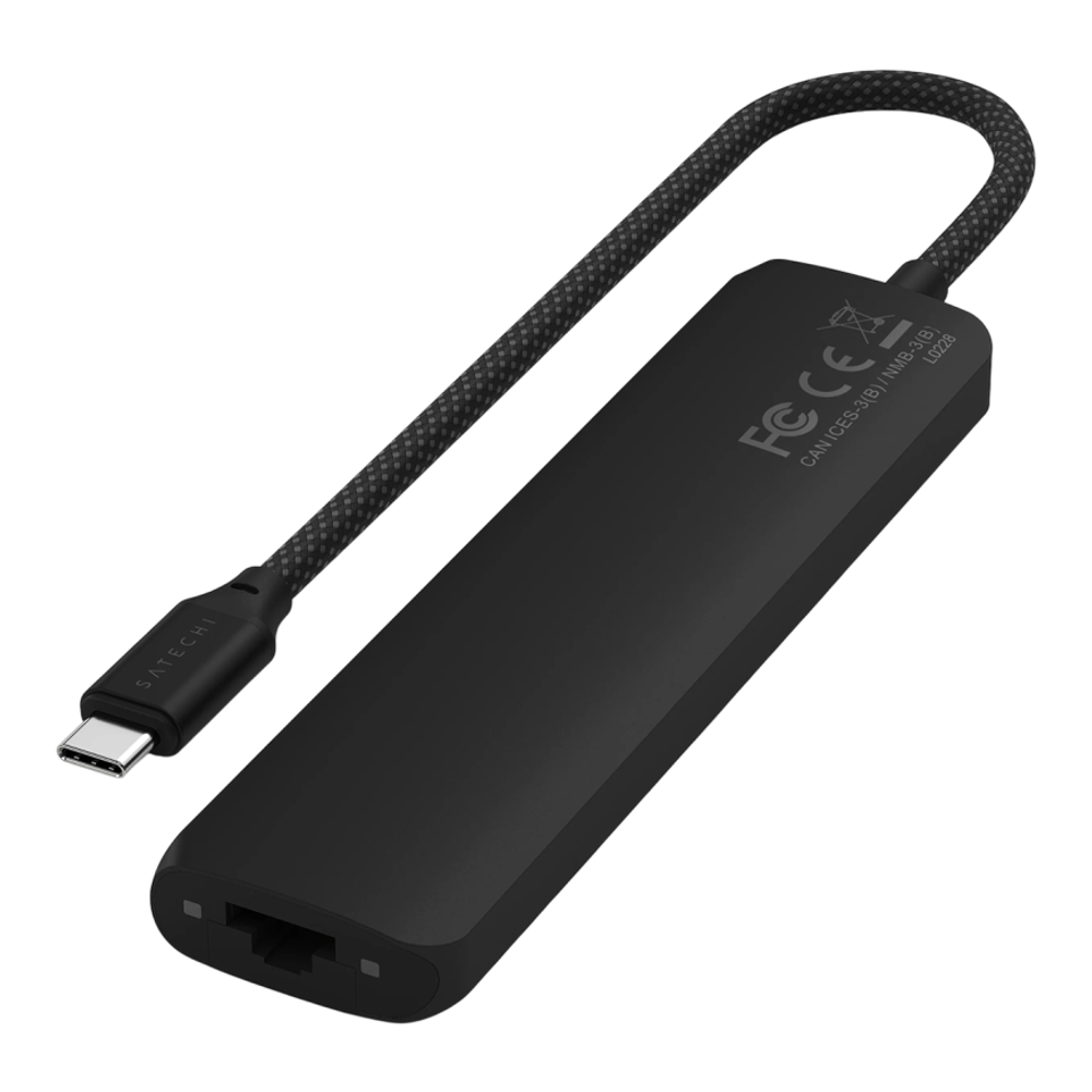 USB-Хаб Satechi Slim Multiport (USB-C) (ST-P7S) Подключение: встроенный кабель USB-C 3.2 Gen 2 с оплёткой. Порты: USB-C (PD 100 Вт), 2 USB-A 3.2 Gen 2, microSD UHS-I, SD UHS-I, HDMI (до 4K 60 Гц), Gigabit Ethernet. Есть LED-индикация
