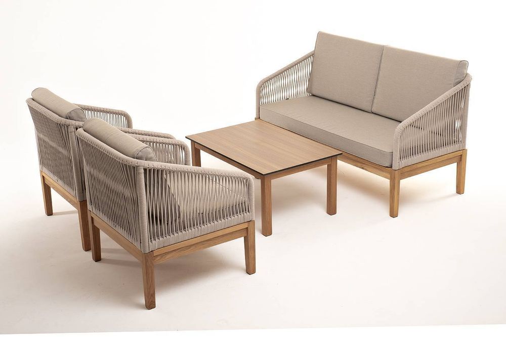 "Канны" лаунж-зона 4-местная из роупа со столиком "Канны" цвета "дуб", основание дуб, роуп бежевый