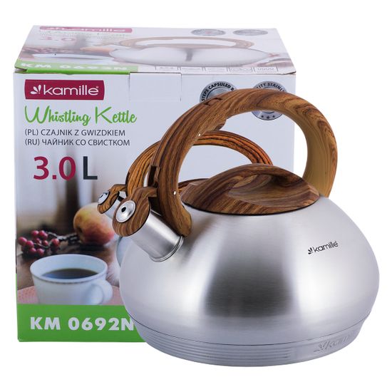 Чайник 3 л. из нержавеющей стали со свистком KamilleKM 0692N и коричневой бакелитовой ручкой (под дерево)