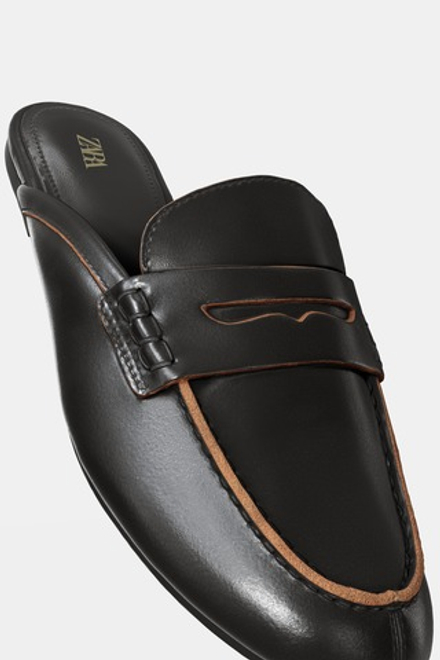 ZARA КОЖАНЫЕ ЛОФЕРЫ БЕЗ ЗАДНИКА, ЧЕРНЫЙ