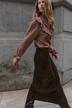 ZARA БЛУЗА В КЛЕТКУ ВИШИ С ВОЛАНАМИ, БУРГУНДИ