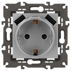 Розетка ЭРА Elegance 14-4109-03 2P+E 16A-250В штор. с 2xUSB 5В-3А алюминий