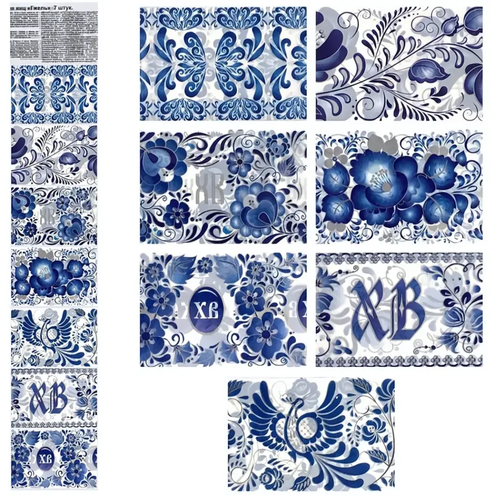 Термоэтикетки для украшения яиц «Гжель» 7 фрагментов. 7,5х5,5см. Общая длина 41см. 802