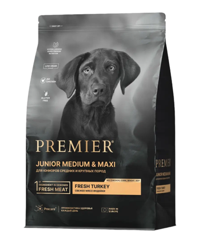 Сухой корм для юниоров Premier Dog Junior Medium & Maxi беременных и кормящих собак средних и крупных пород с индейкой 3кг