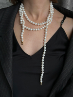 Нить натурального речного жемчуга 9 мм на двойном узле, золотой замок из цирконов, длина 1,6 м