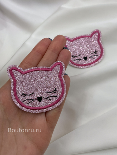 Нашивка розовая с блестками котёнок 5х4,5 см