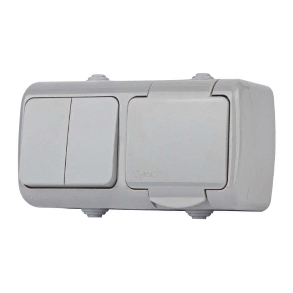 Блок розетка с выключателем Intro Atlantic 5-702-03 двойным 2P+E 10-16А-250В открытой установки гориз. IP54 серый