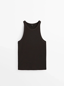 Massimo Dutti Хлопковый топ в рубчик без рукавов, коричневый