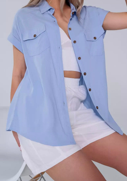 Голубая рубашка с коротким рукавом женская, хлопок