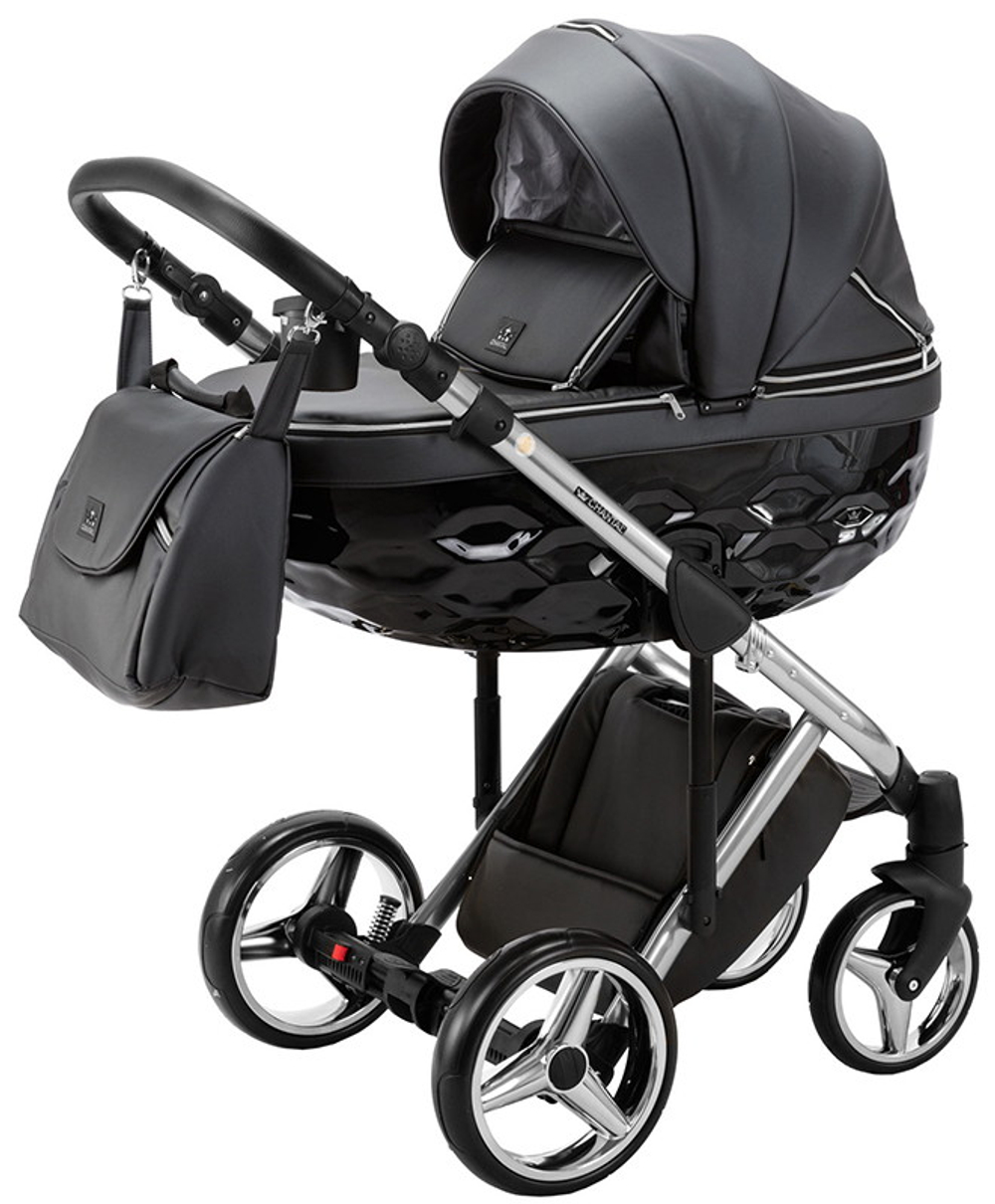 Детская коляска Adamex Chantal Special Edition Deluxe 2 в 1 С114 (ЧЕРН.ПЕРЛ.КОЖА+ХРОМ РАМА)