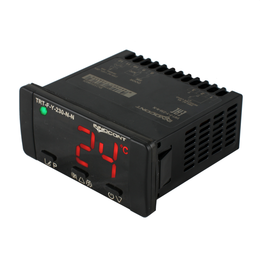 Температурный контроллер INNOCONT для управления охлаждением/размораживанием, 4 разряда, 77х35х61 мм, NTC, выход реле на компрессор, ON/OFF, 230VAC, встроенный фиксатор