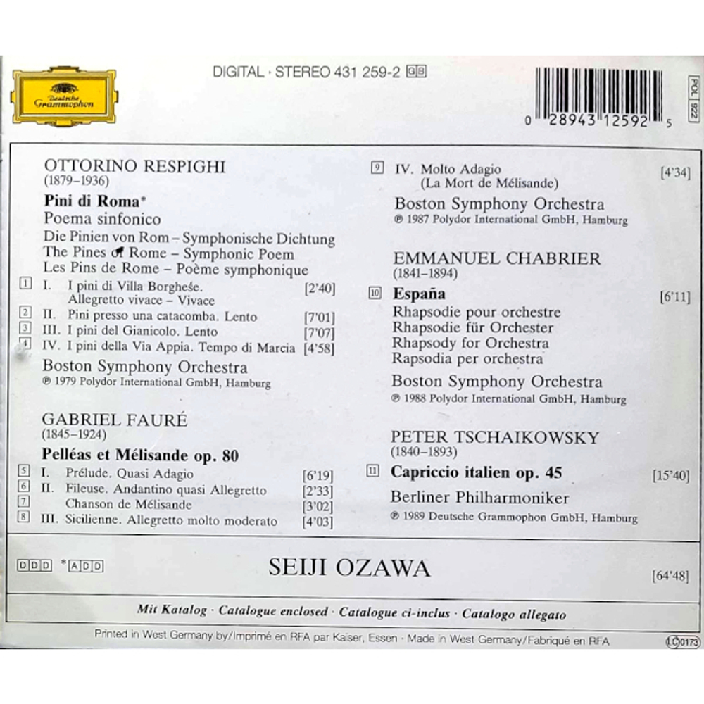 Seiji Ozawa / Tschaikowsky, Respighi, Faure, Chabrier: Capriccio Italien, Pini Di Roma, Pelleas Et Melisande, Espana (Limited Edition)(CD)