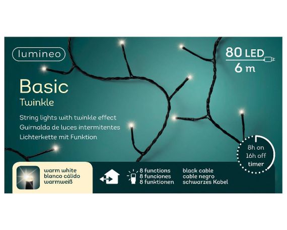 Светодиодная гирлянда с контроллером 6 м, 220V., 80 теплых белых LED ламп, черный ПВХ, Kaemingk (494163)