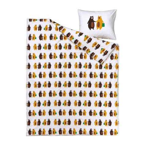 BRUMMIG БРУММИГ Пододеяльник и наволочка 150х200/50х60 см, желтый/бурый медведь