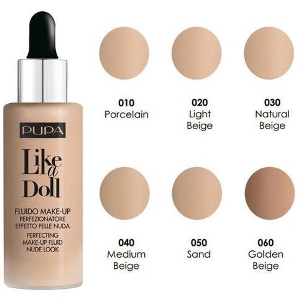 Pupa Крем тональный Like A Doll - Make-Up Fluid Nude Look, тон №040, Средний бежевый, 30 мл