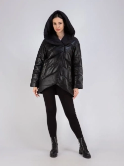 Куртка женская кожаная утепленная оверсайз с капюшоном