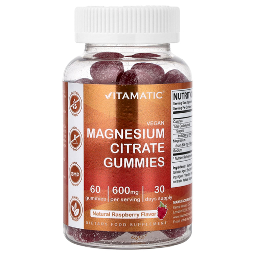 Vitamatic, жевательные таблетки с цитратом магния, со вкусом натуральной малины, 60 жевательных таблеток
