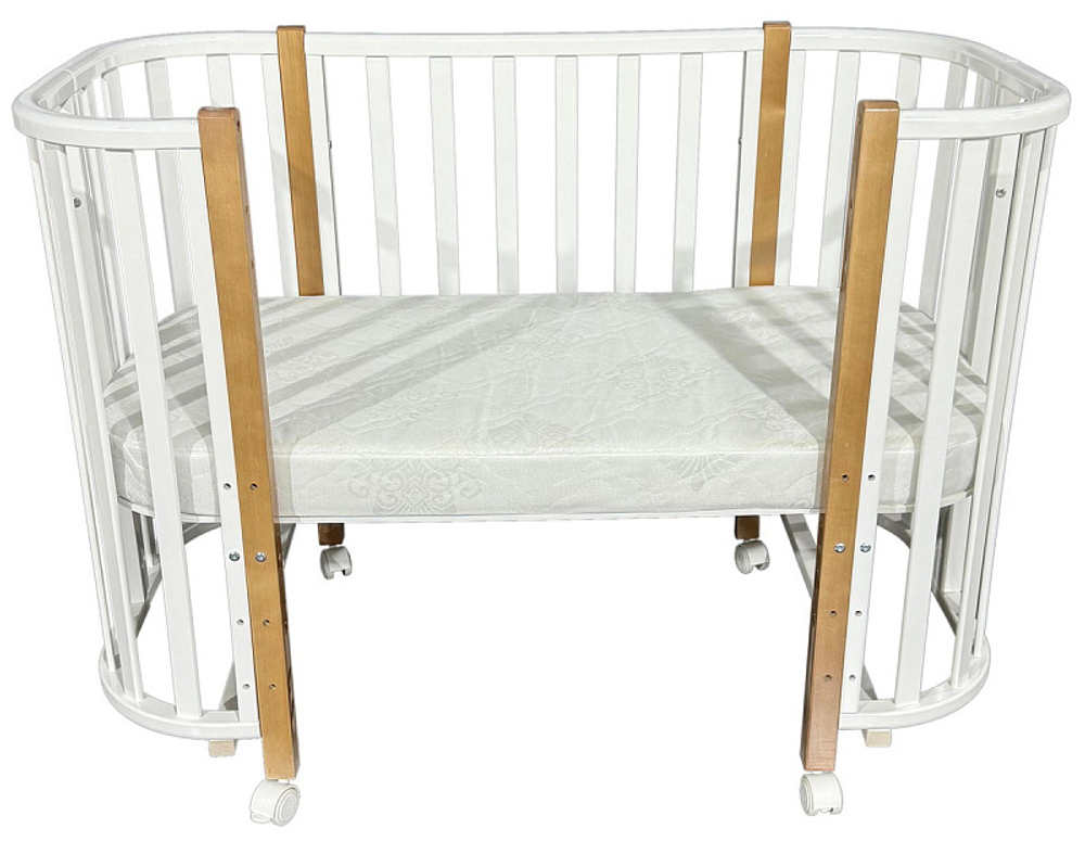 Кровать детская «Esenia» (2) автостенка, поперечный маятник, колесо (белый/натур) 2 коробки